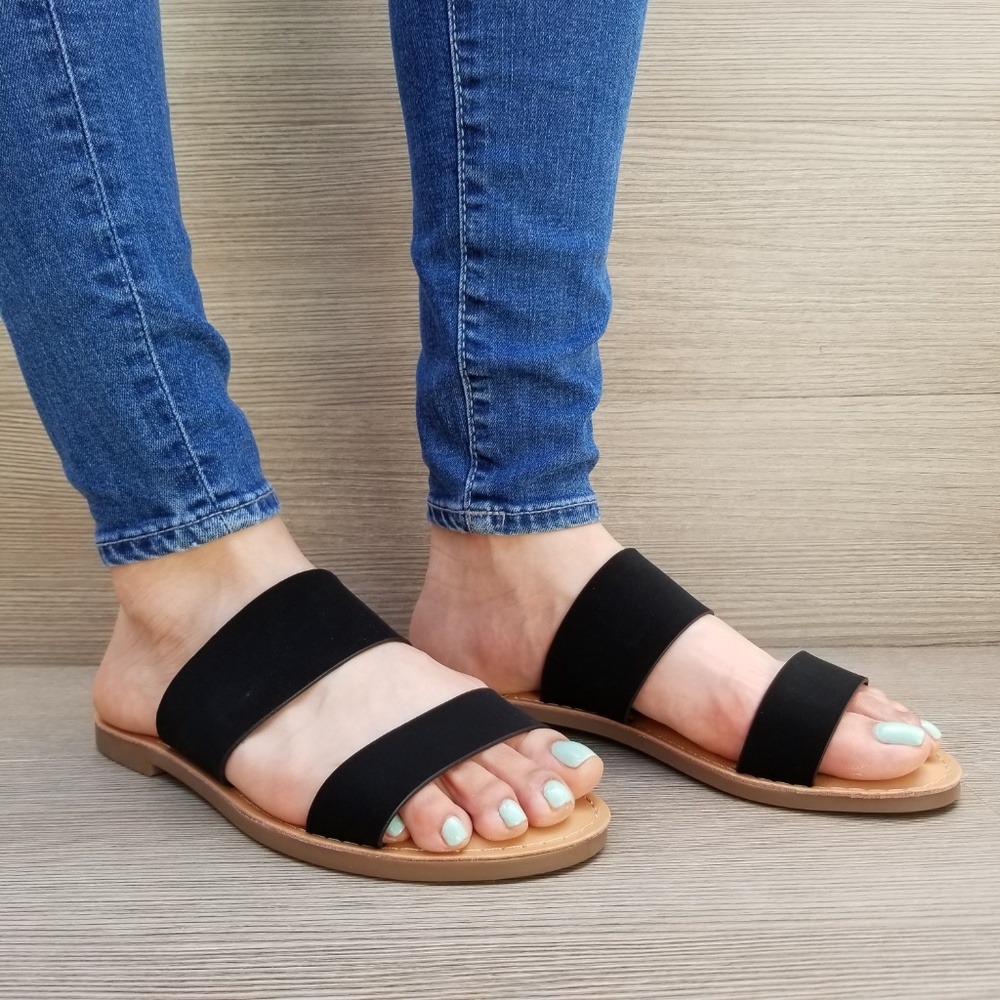 Slip On 2 Strap Flat slider Sandal Black Velvet-C - Picture 7 of 8